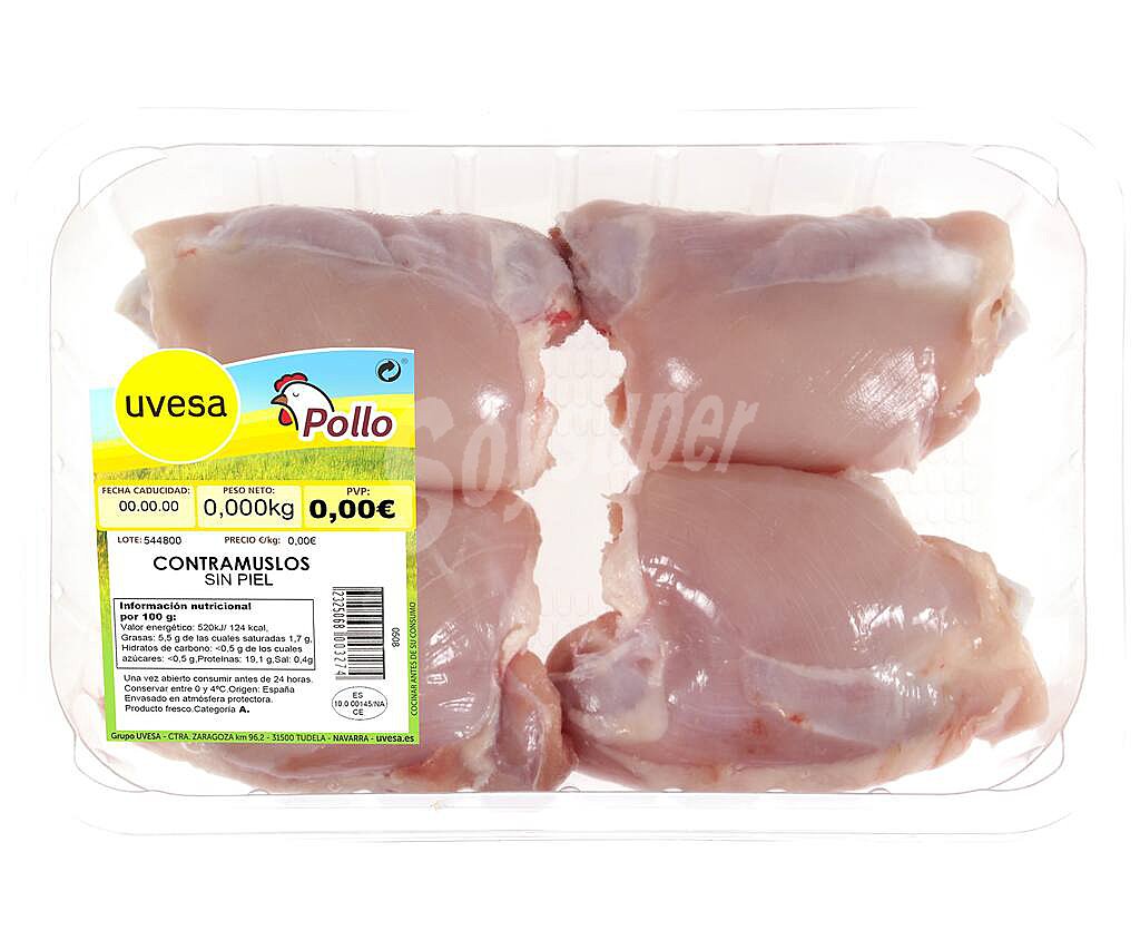 Bandeja de contramuslos de pollo blanco sin piel