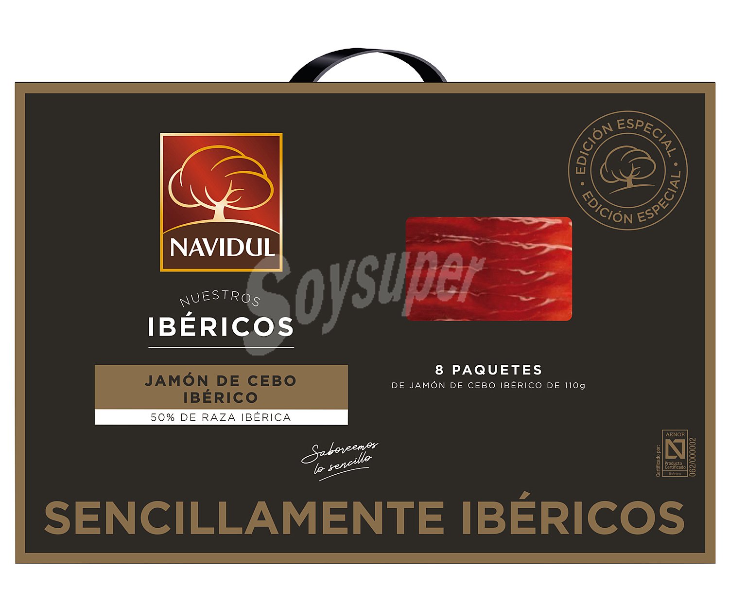 Maletín con 8 sobres al vacio de jamón de cebo ibérico (50% raza ibérica), cortado en lonchas navidul.