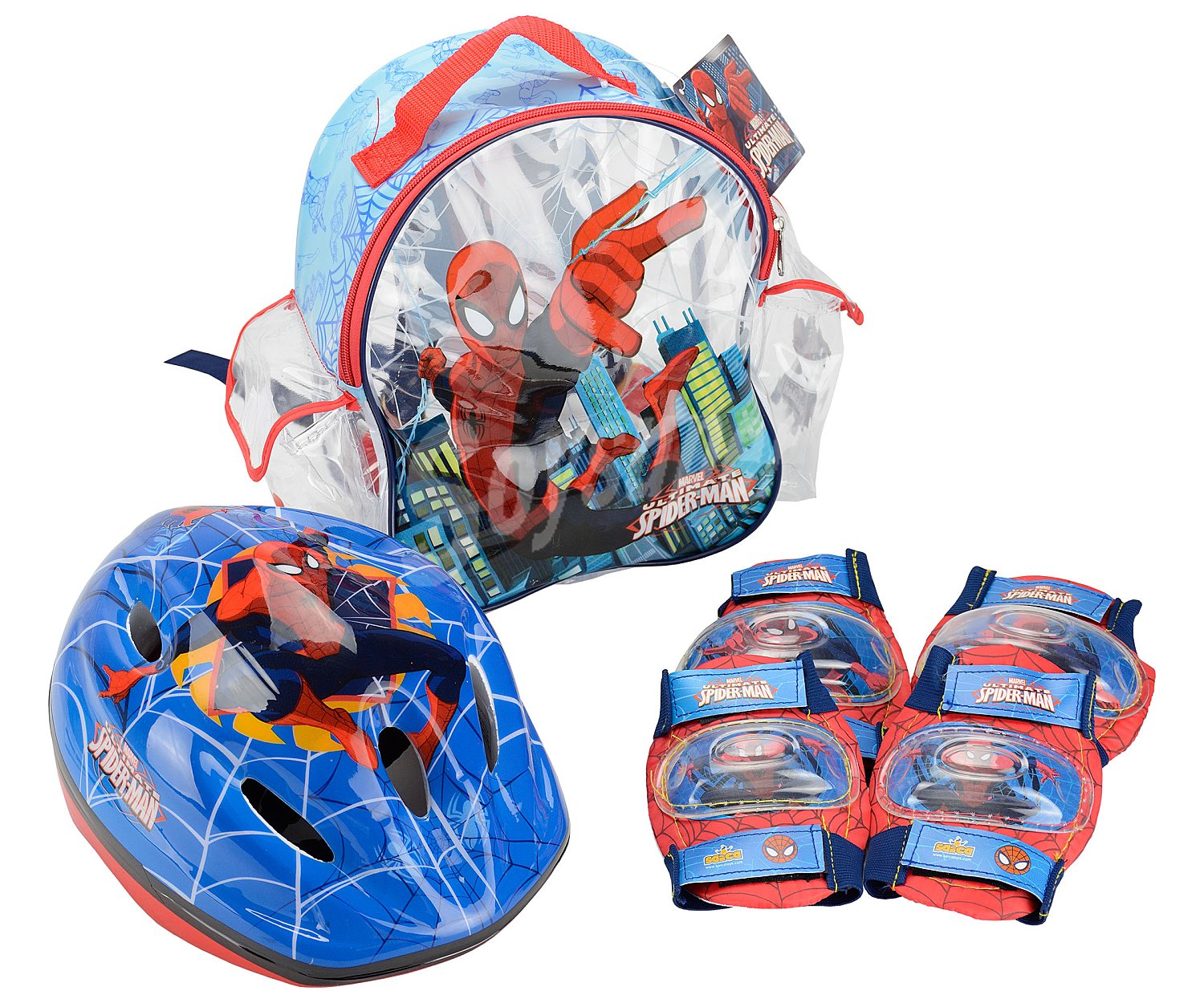 Set de protecciones infantiles para patinaje con mochila incluida, diseño spiderman.