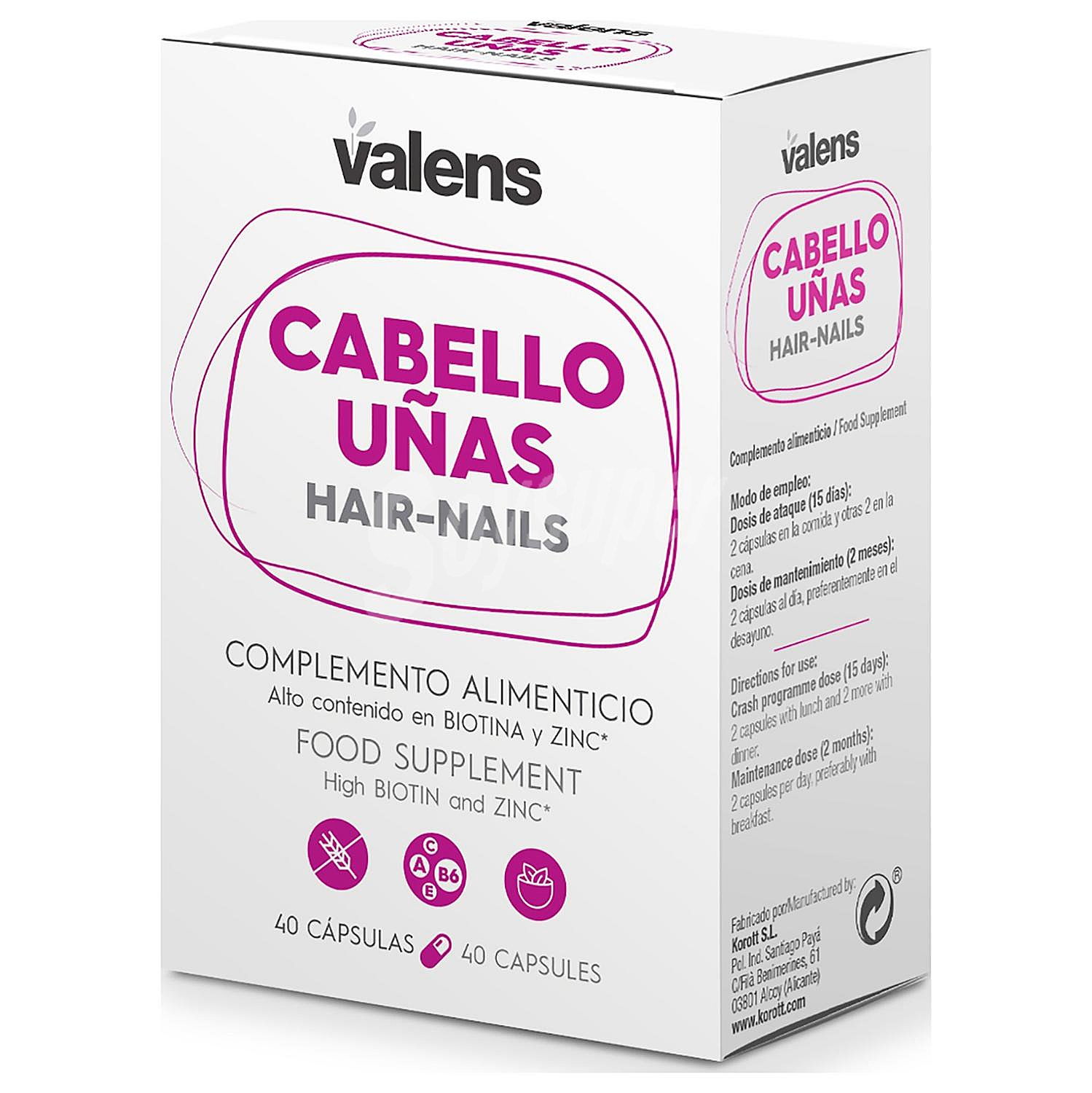 Complemento alimenticio cabello y uñas en cápsulas Valens sin gluten