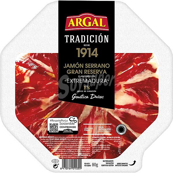 Jamón serrano Gran Reseva en lonchas finas ETG 18 meses de curación