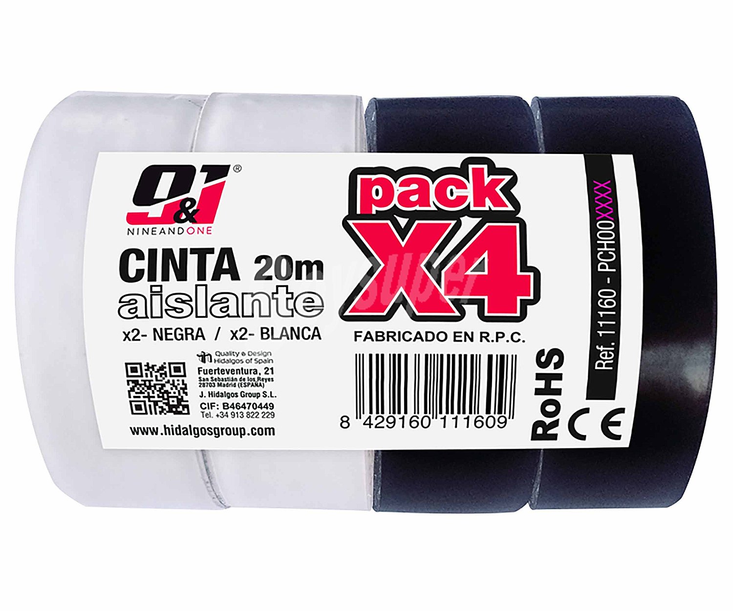 Cinta aislante 20mx19mm (1 blanca/2 negras), nine&one.