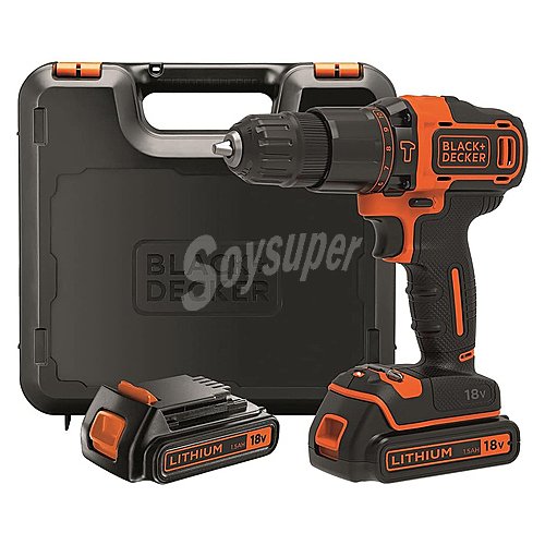 Taladro atornillador con batería litio 18V, 2 baterías y maletín, black + decker BDCHD18KB