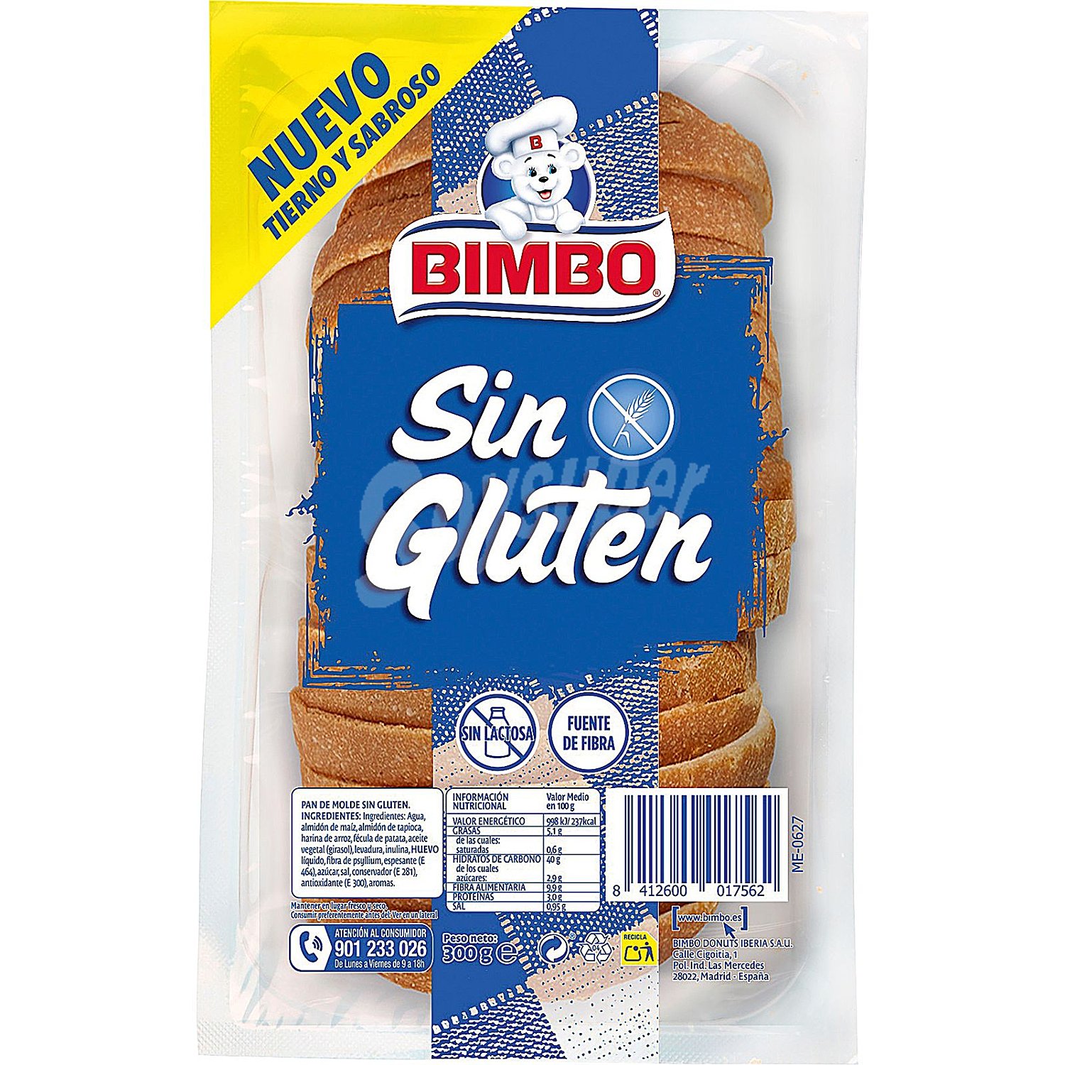 Pan de molde blanco sin gluten, bimbo