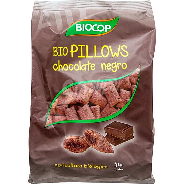 Biopillows almohadillas de arroz chocolateadas y rellenas de crema de chocolate negro ecológicas y sin gluten