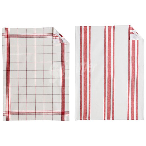 Pack de 2 paños de cocina color rojo 100% algodón 180g/m², 50x70cm. actuel.