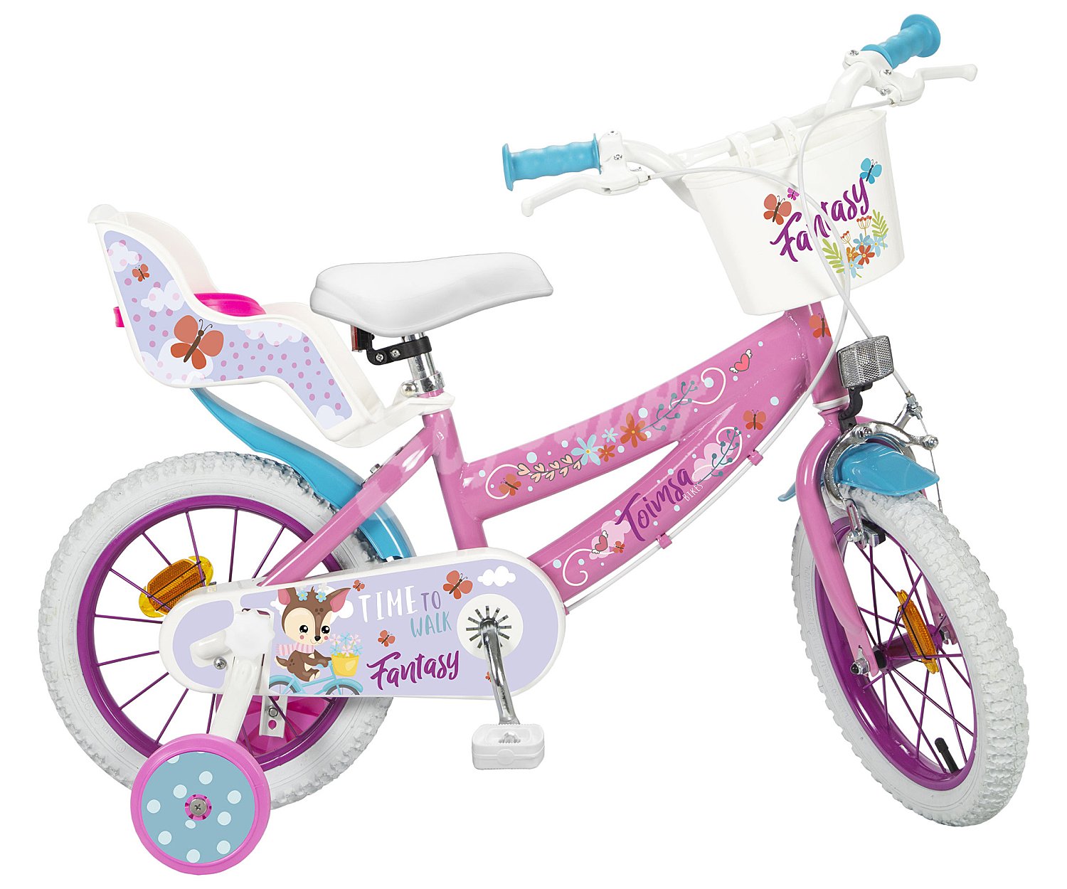 Bicicleta infantil de 16" (40,64cm) con cesta, portamuñecas y guardabarros, color rosa y blanco, Fantasy Walk toimsa.