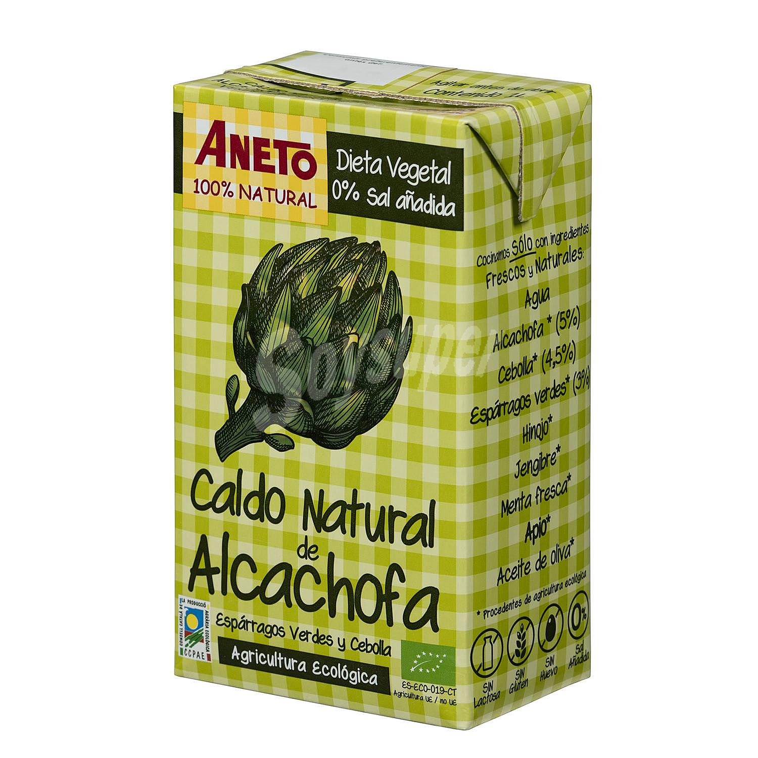 Caldo natural de alcachofa, espárragos verdes y cebolla ecológico 0% sal añadida sin gluten y sin lactosa