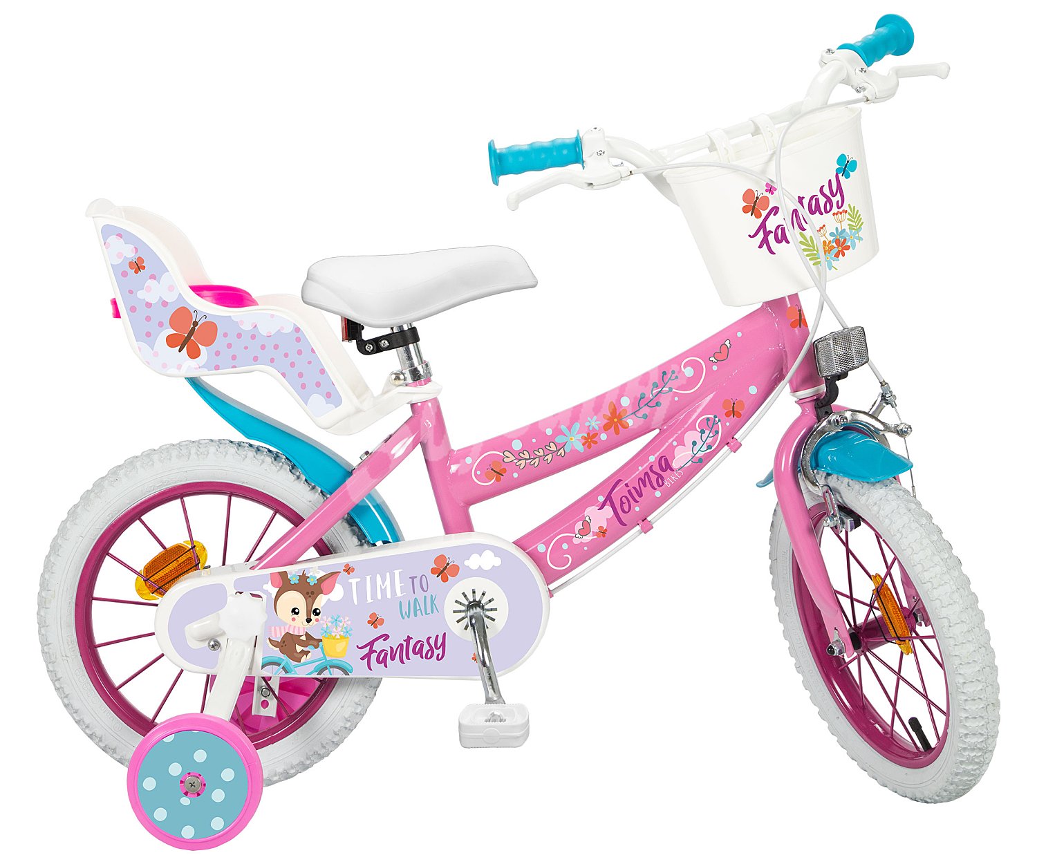 Bicicleta infantil Fantasy de 14" (35,56cm) color rosa con cesta, ruedines y portamuñecas incluidos toimsa.