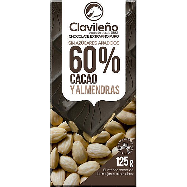 Chocolate extrafino puro, 60 % cacao y almendras, sin azúcares añadidos