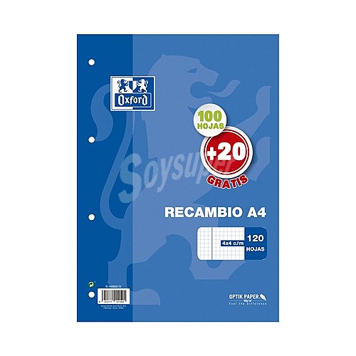 Recambio de tamaño DIN-A4, con cuadricula de 4x4 milímetros, agujeros para 4 anillas, 100 hojas de y tapas blandas oxford