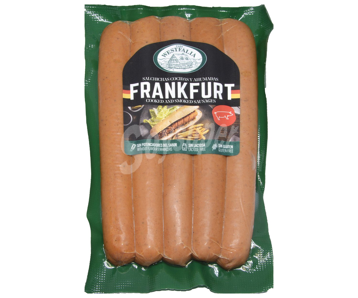 Salchichas de cerdo cocidas y ahumadas tipo Frankfurt