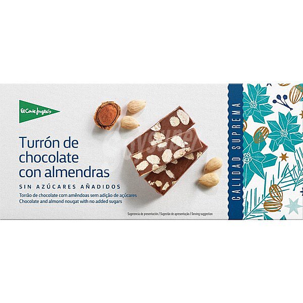 Turrón de chocolate con almendras sin azúcares añadidos Sin Gluten Calidad Suprema selection