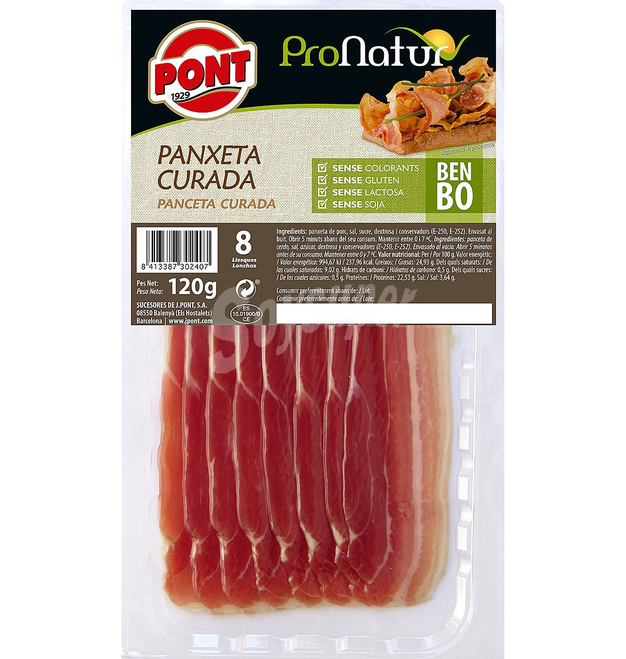 Panceta curada cortada en lonchas, sin colorantes, ni gluten, ni soja ni lactosa