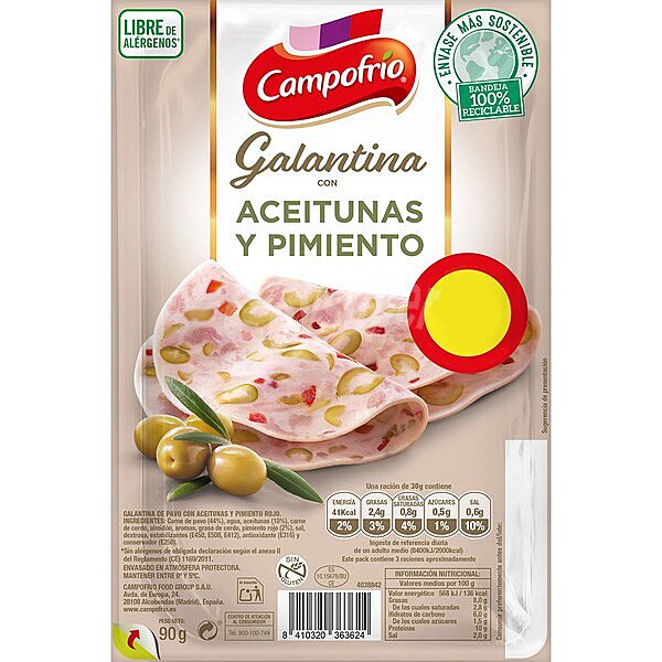 Galantina con aceitunas y pimiento en lonchas sin gluten