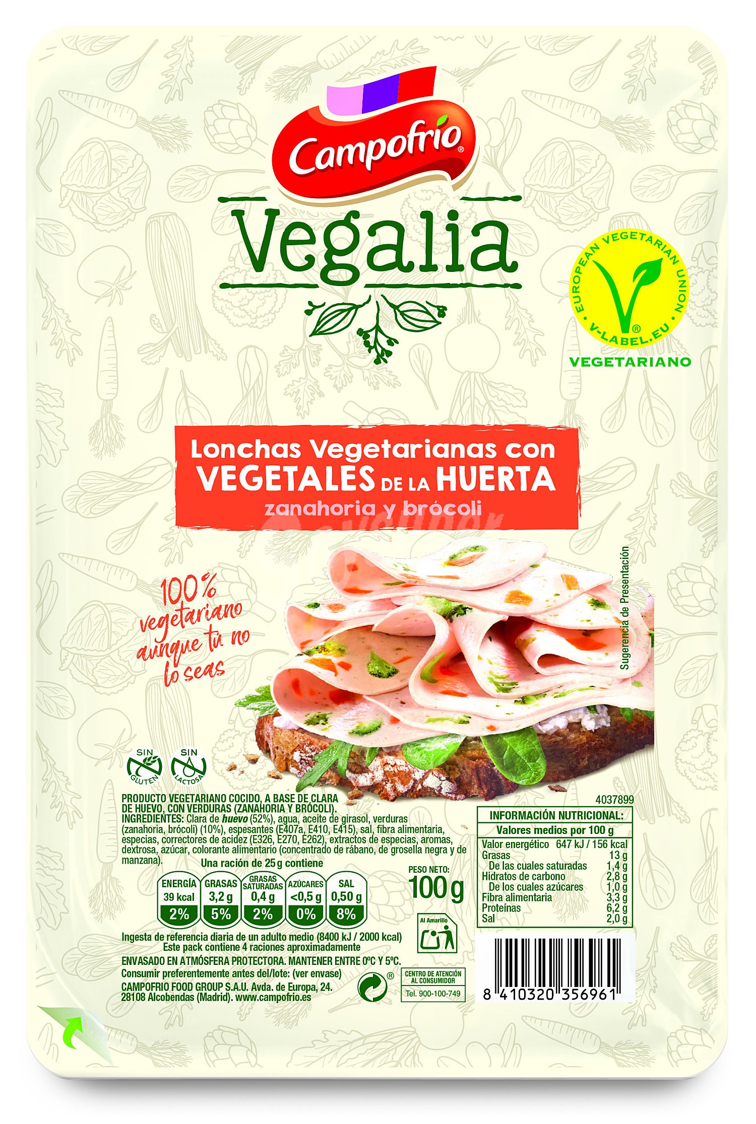 Producto vegetariano cocido a base de clara de huevo y verduras (zanahoria y brócoli) campofrio Vegalia