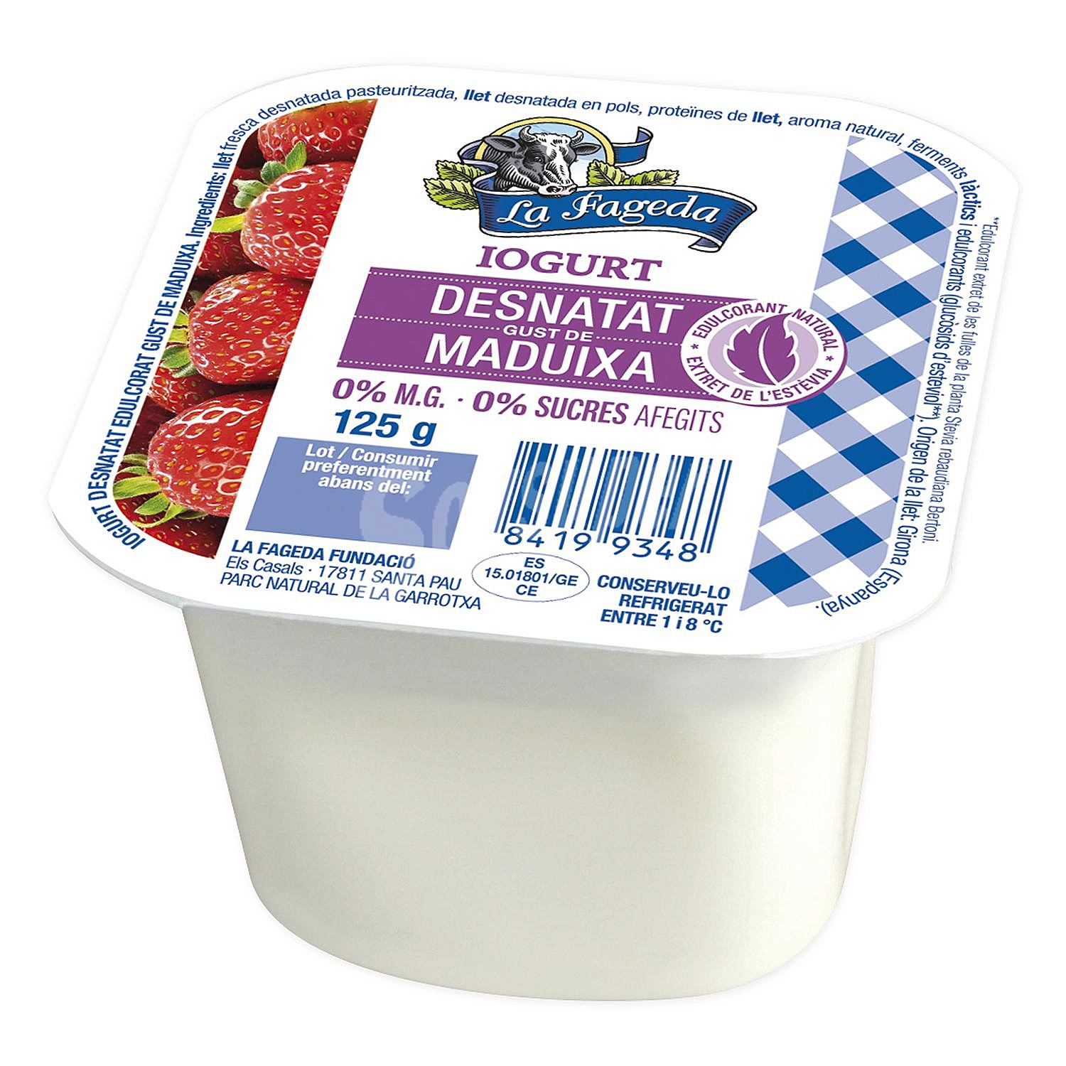 Yogur desnatado 0% materia grasa, sabor a fresa y edulcorado con extracto de estevia