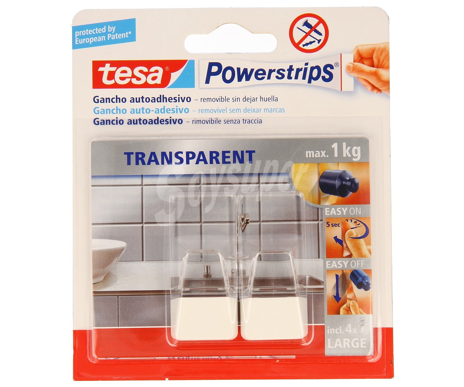 2 ganchos adhesivos grandes de color transparente+ 4 tiras adhesivas Powerstrip