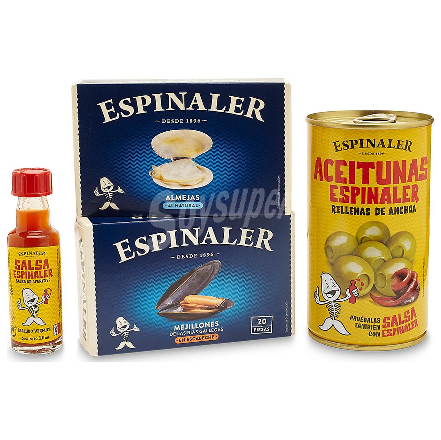 Pack aperitivo: Almejas al natural + mejillones escabeche 69 g + aceitunas anchoa 150 g + salsa 20 ml Espinaler