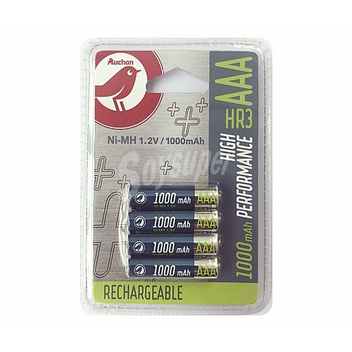 Pilas recargables aaa, ni-mh, HR03, producto alcampo, 1000 mAh