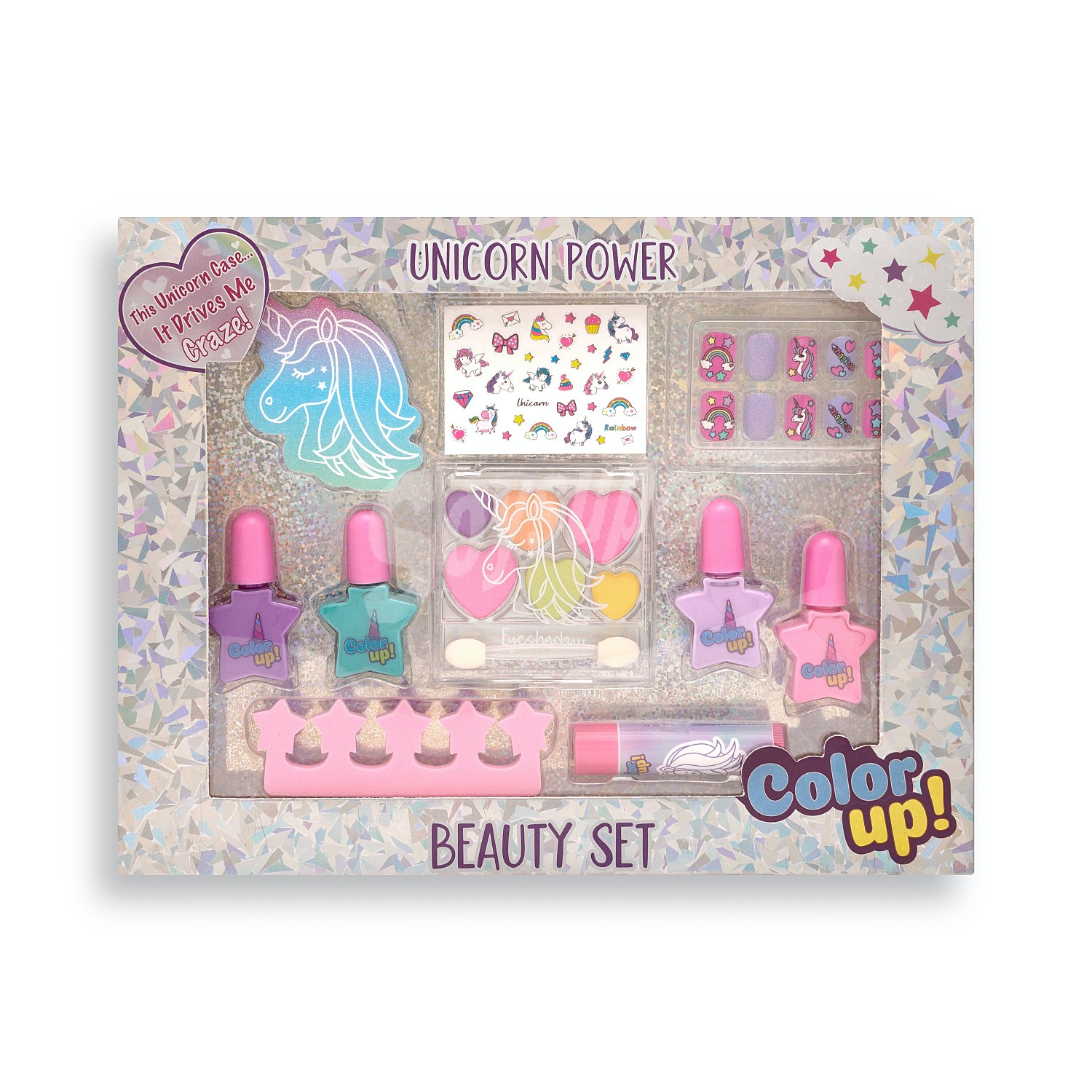 Lote infantil cosmética power (lima + 4 lacas uñas + separador dedos + bálsamo labial + set decoración uñas + uñas postizas + paleta sombras)