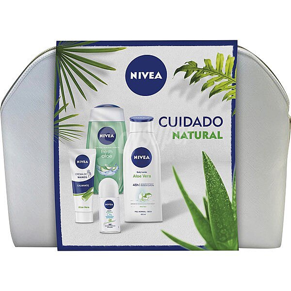 Neceser Aloe Vera Cuidado Natural con gel de ducha frasco 750 ml + crema de manos + body loción tarro 400 ml + desodorante roll-on envase 50 ml