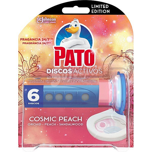 Desinfectante WC discos activos de gel frescor Cosmic Peach orquidea y sándalo aparato + recambio 6 unidades