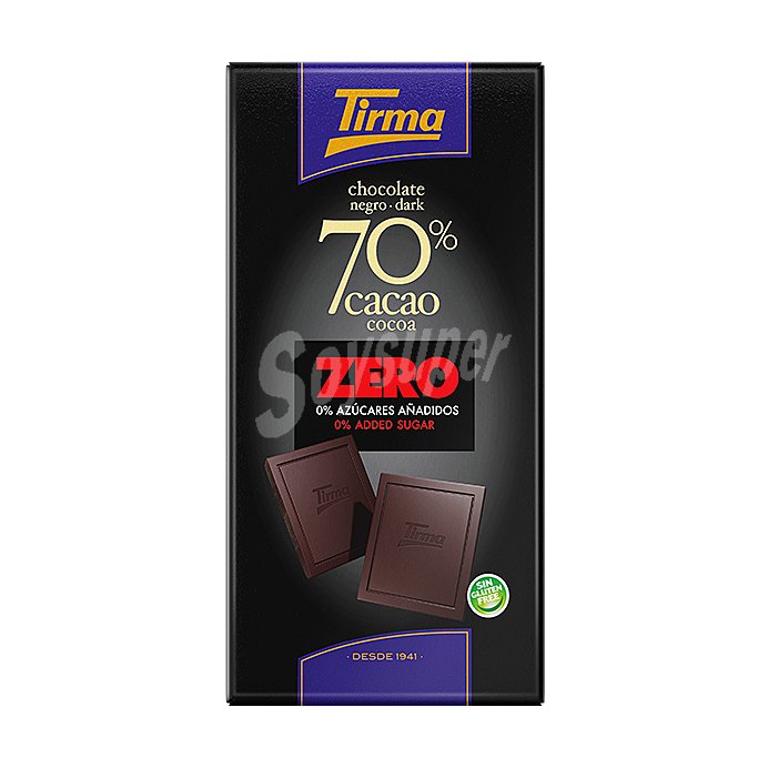 Chocolate negro 70% cacao sin azúcar añadido Zero Tirma sin gluten