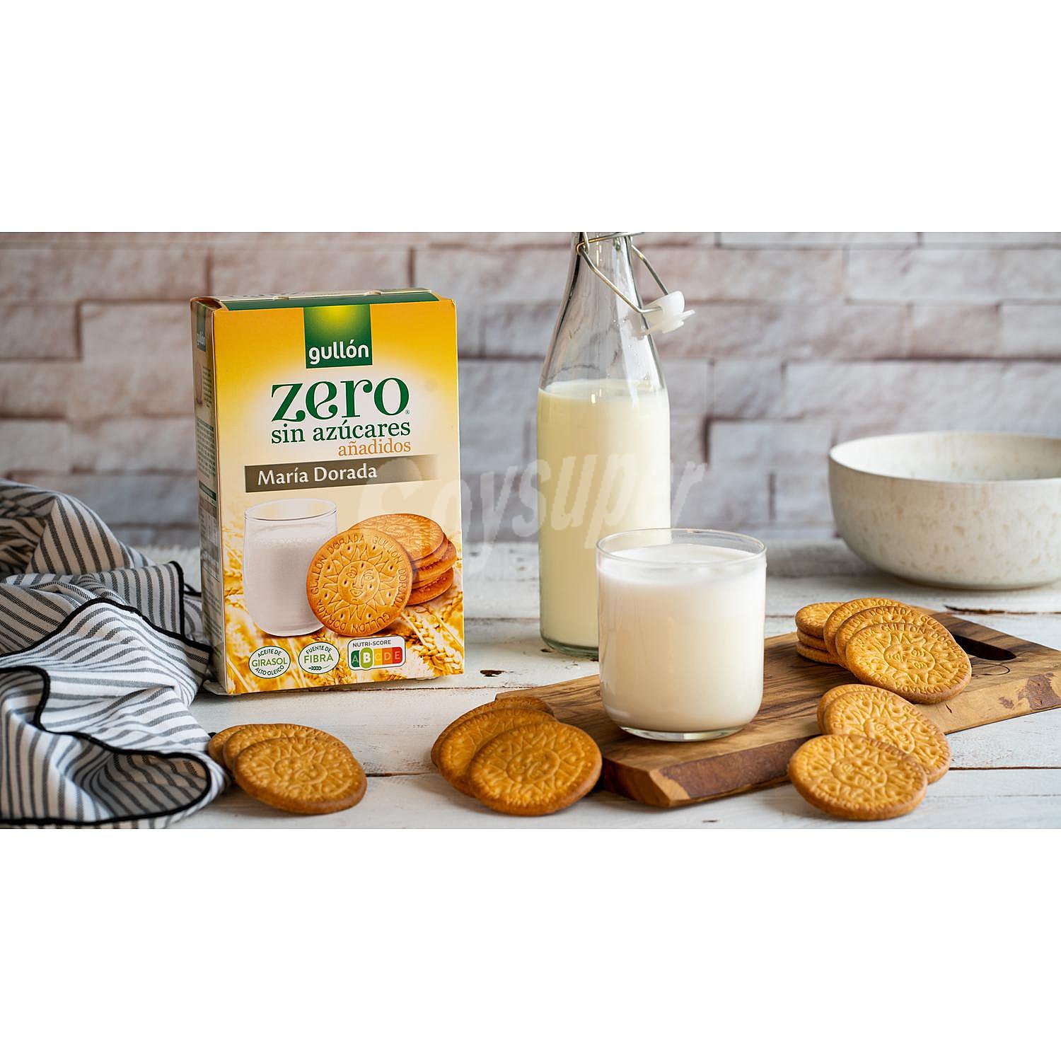 Galletas María dorada sin azúcares añadidos y vegetarianas, fuente de fibra y con aceite de girasol alto oleico .gullón zero