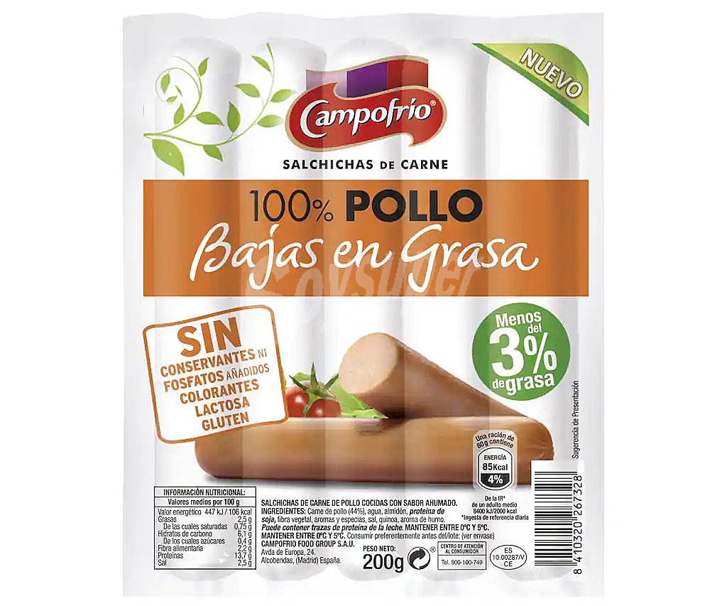 Salchichas de carne 100% pollo bajas en grasa sin gluten sin lactosa