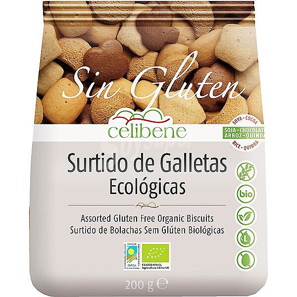 Surtido de galletas sabores soja chocolate arroz y quinoa ecológicas y sin gluten