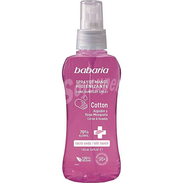 Spray de manos higienizante tacto seda Cotton con algodón y rosa mosqueta 70% alcohol