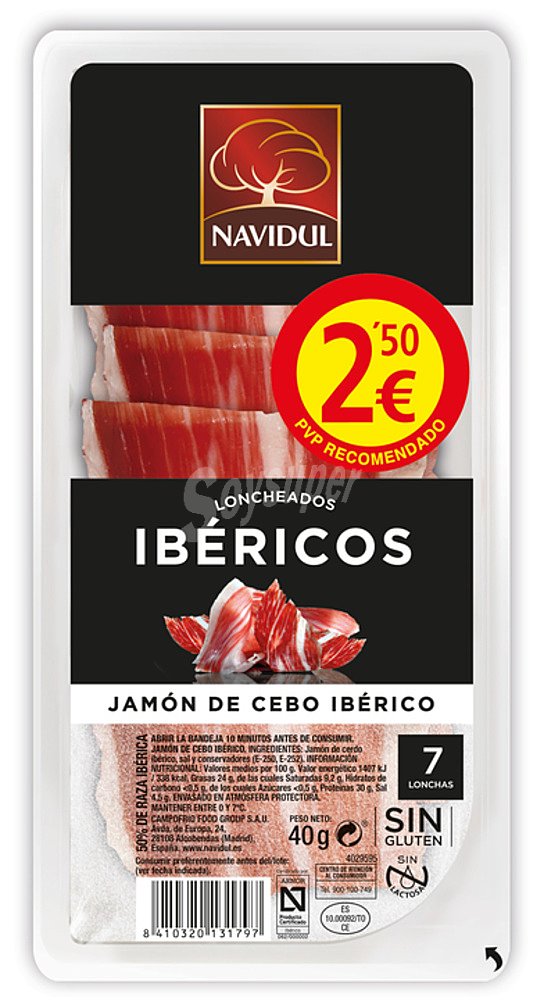 Jamón de cebo ibérico 50% raza ibérica en lonchas sin gluten sin lactosa