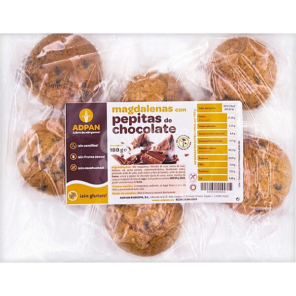 Magdalenas con pepitas de chocolate sin gluten y sin aceite de palma bolsa 180 g