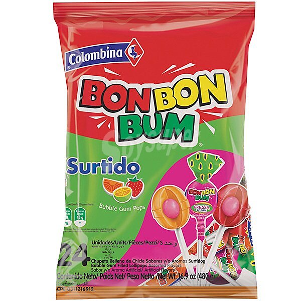 Bon Bon Bum caramelo de sabores surtidos relleno de chicle con palo