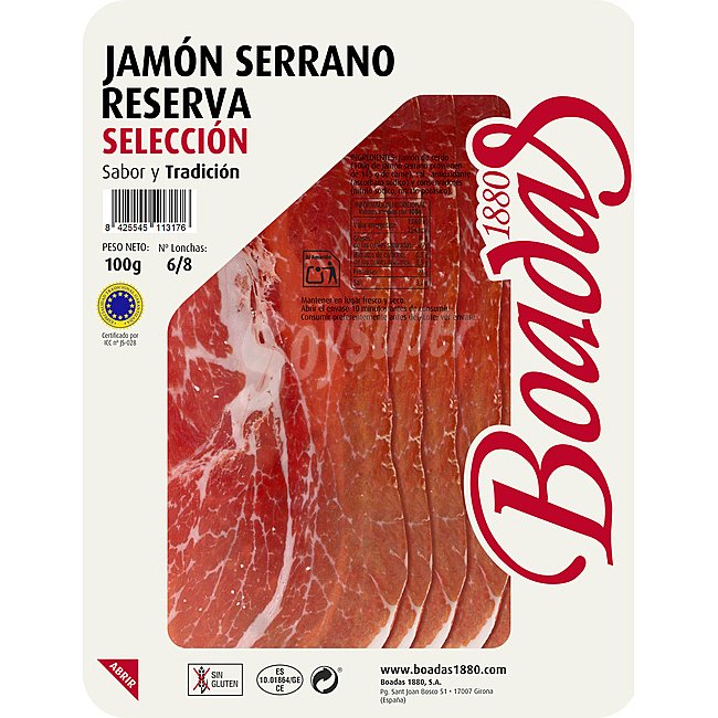 Boadas Jamón curado reserva (curación de 14 meses), cortado en cómodas lonchas boadas