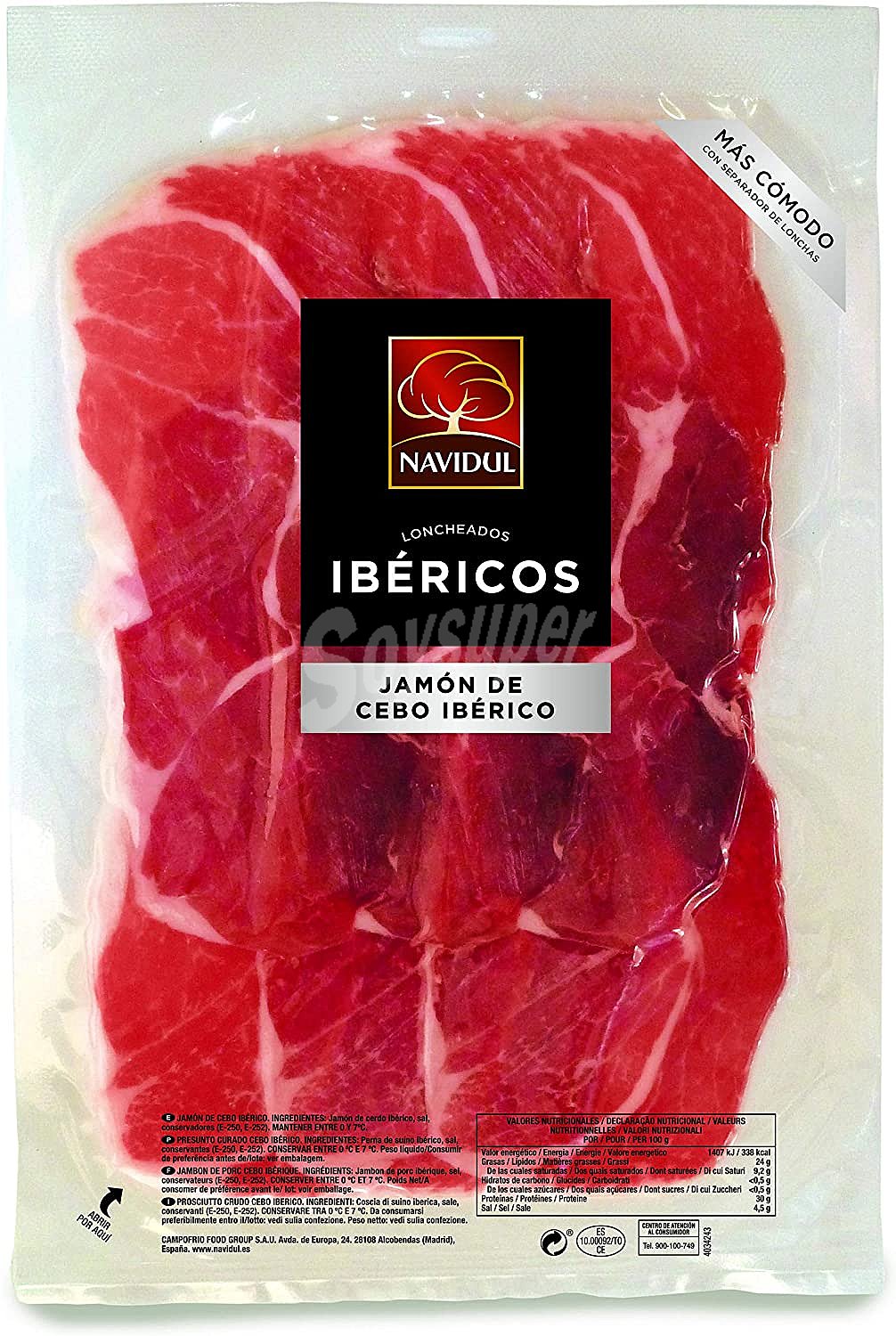 Jamón de cebo ibérico (50% raza ibérica) cortado en lonchas con separador