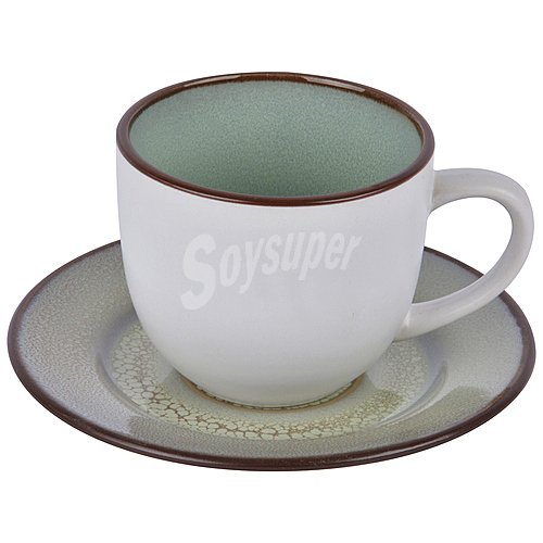 Taza y plato de gres bicolor, verde y blanco, ., stoneware