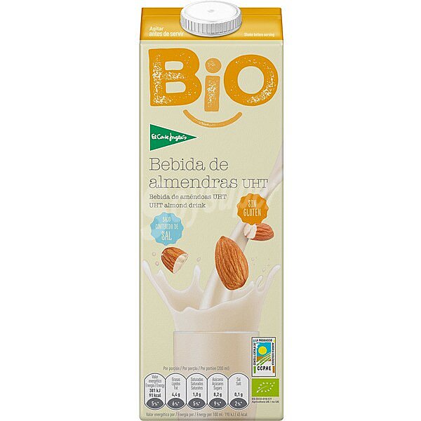 BIO bebida de almendras ecológica sin gluten y sin lactosa con bajo contenido en sal