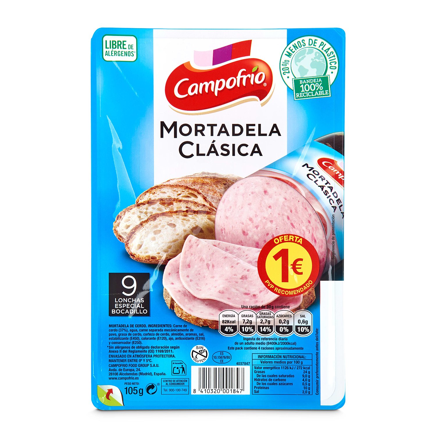 Mortadela clásica sin gluten y cortadas en lonchas especiales para bocadillo