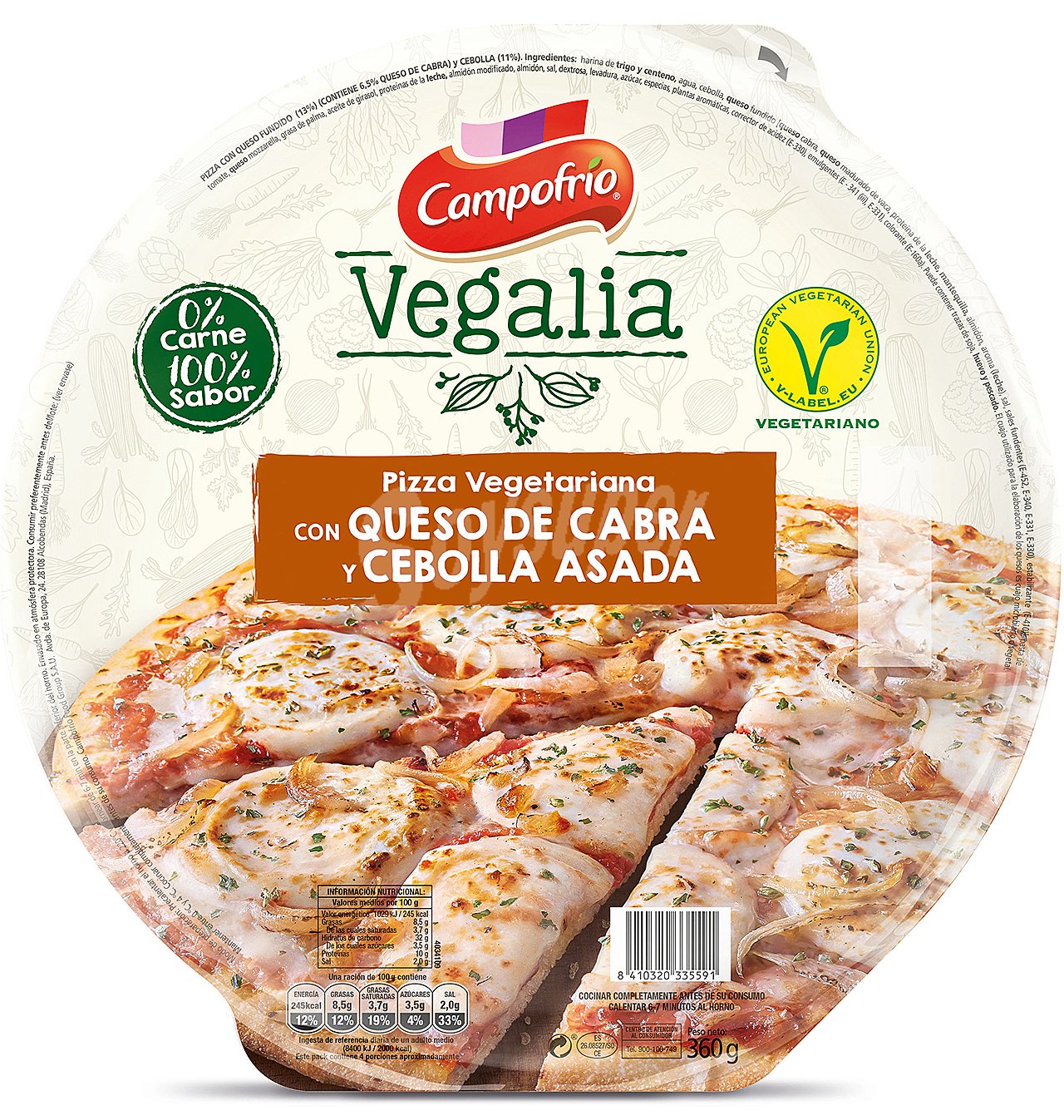 Pizza vegetariana con queso de cabra y cebolla asada