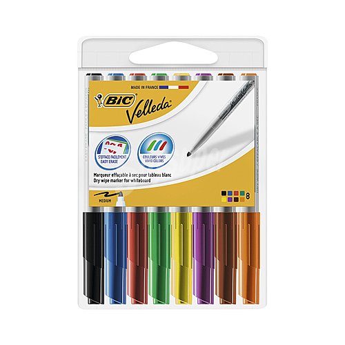 Pack de 8 marcadores para pizarra blanca con tinta a base de acetona. Punta cónica resistente de 1,4 mm. BIC.