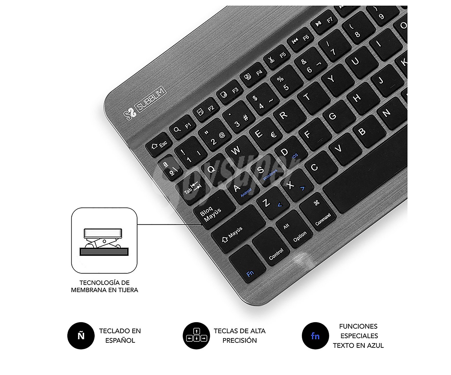 Teclado Bluetooth subblim smart BT keyboard gris, diseño Slim, batería de litio, conector micro-usb