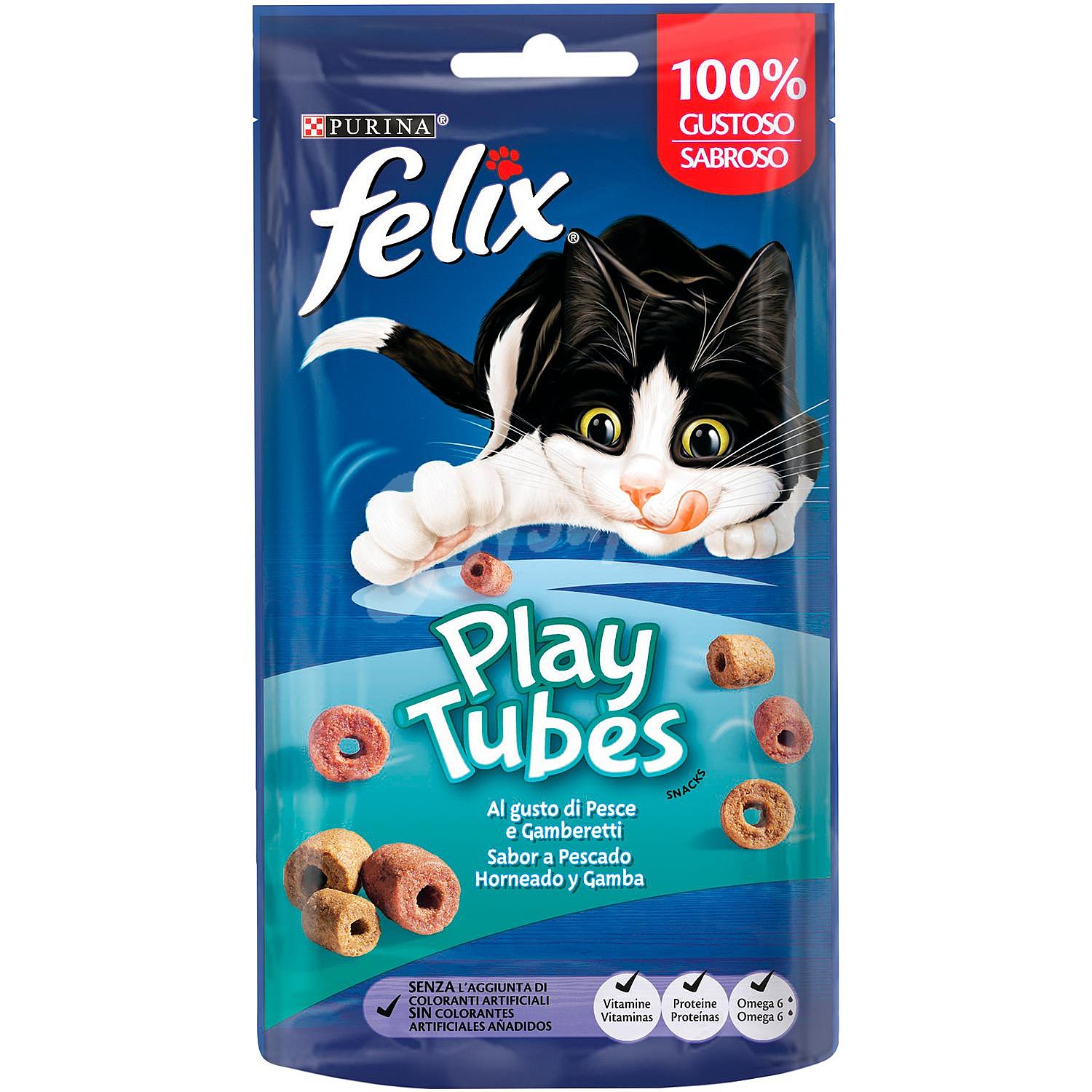 Snacks para gatos sabor a pescado horneado y gambas, Play Tubes purina félix