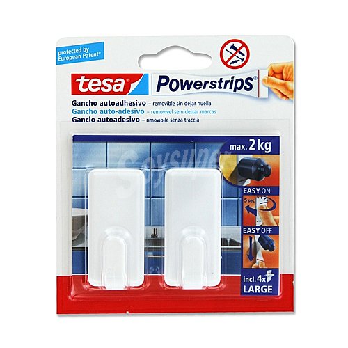 2 ganchos adhesivos blancos tamaño grande+4 tiras adhesivas tesa Powerstrip