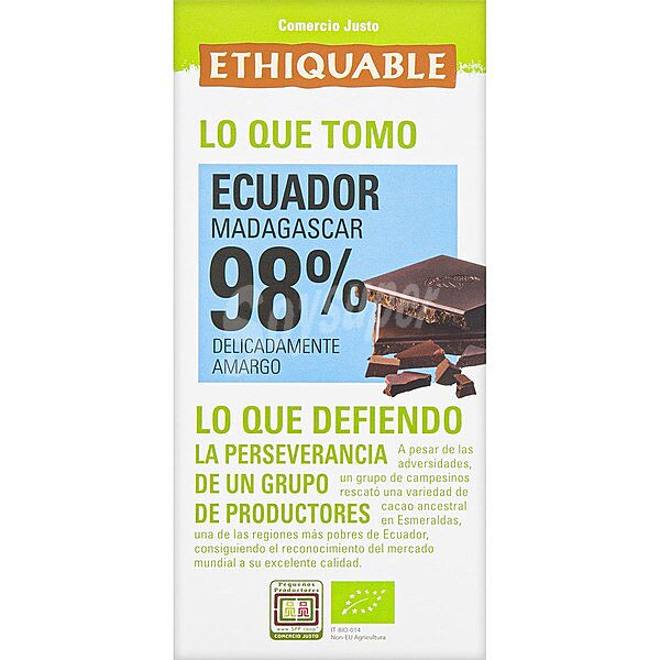 Chocolate negro 98% cacao de Ecuador ecológico