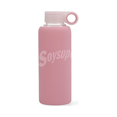 Botella de vidrio con cubierta de silicona color rosa y tapón de rosca, quid