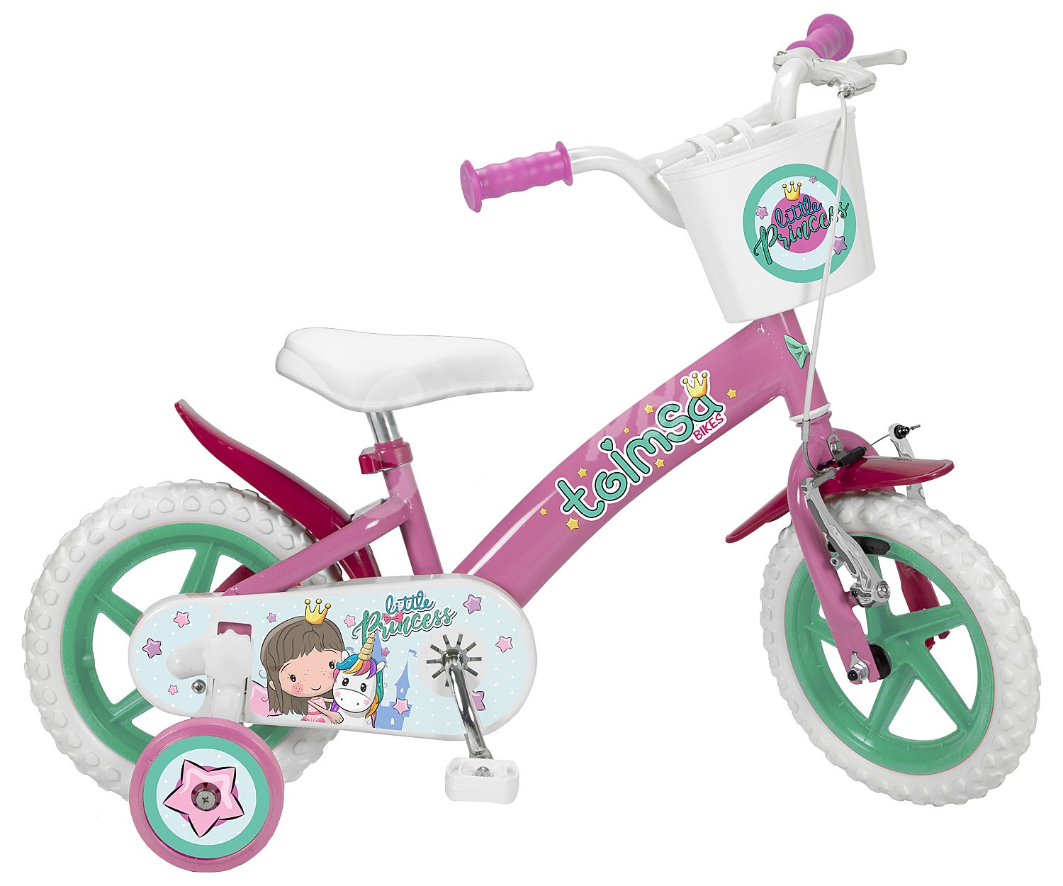 Bici infantil con rueda de 12" (30,45cm) color rosa Little Princess, incluye cesta y ruedines, toimsa.