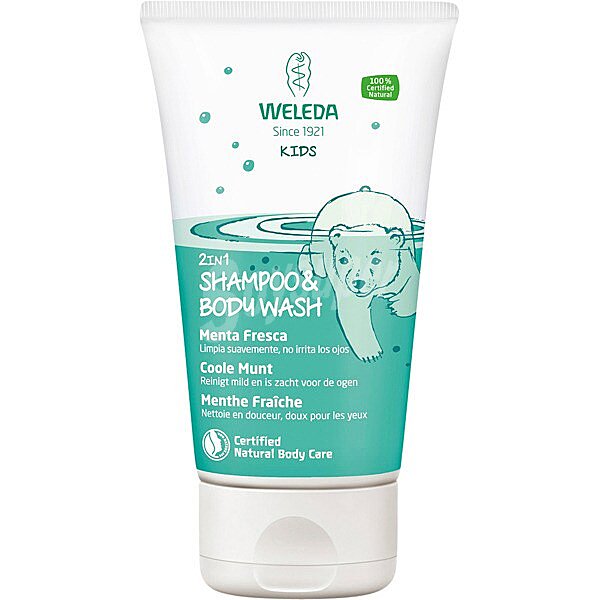 Champú y gel infantil 2 en 1 de menta para piel y cabello sensible tubo 150 ml