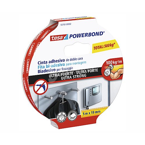 Cinta adhesiva de doble cara, 5M x 19mm, tesa Powerbond Ultra Strong